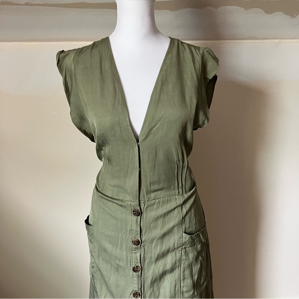 Reiss Emma Plunge Linen Blend Olive Green Button Up Midi Dress size 10 - Picture 6 of 14